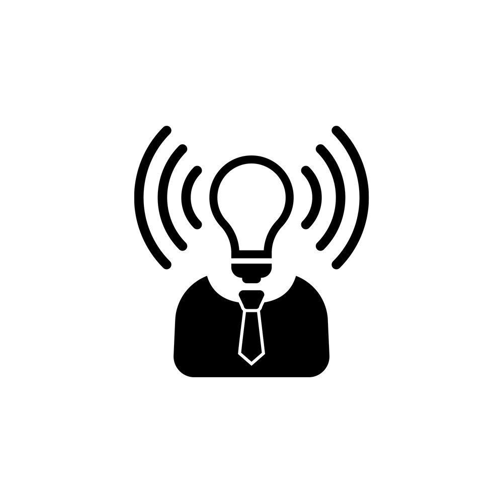 Black logo of lightbulb wearing a suit with soundwaves coming out